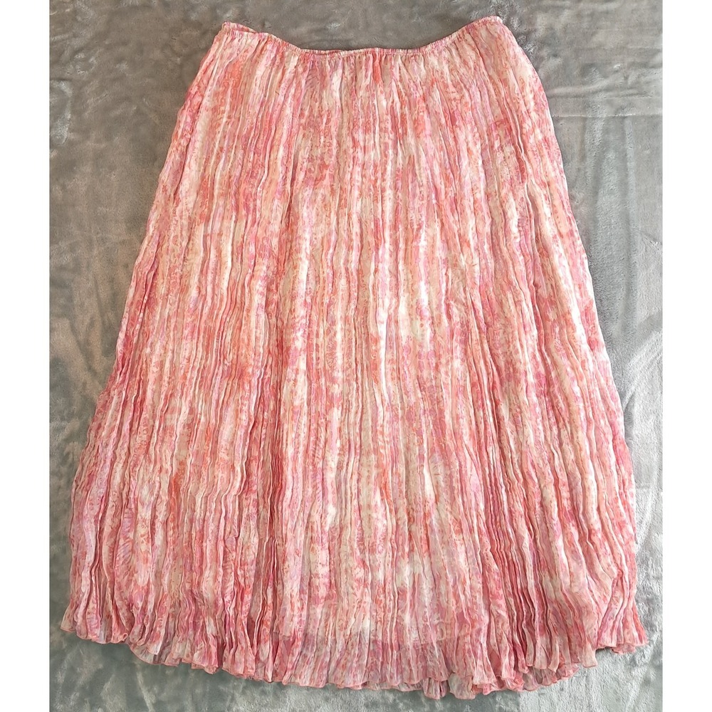 Ruby Rd Woman Coral Pink Crinkle Pleated Maxi Skirt Floral Plissee Plus Size 16W